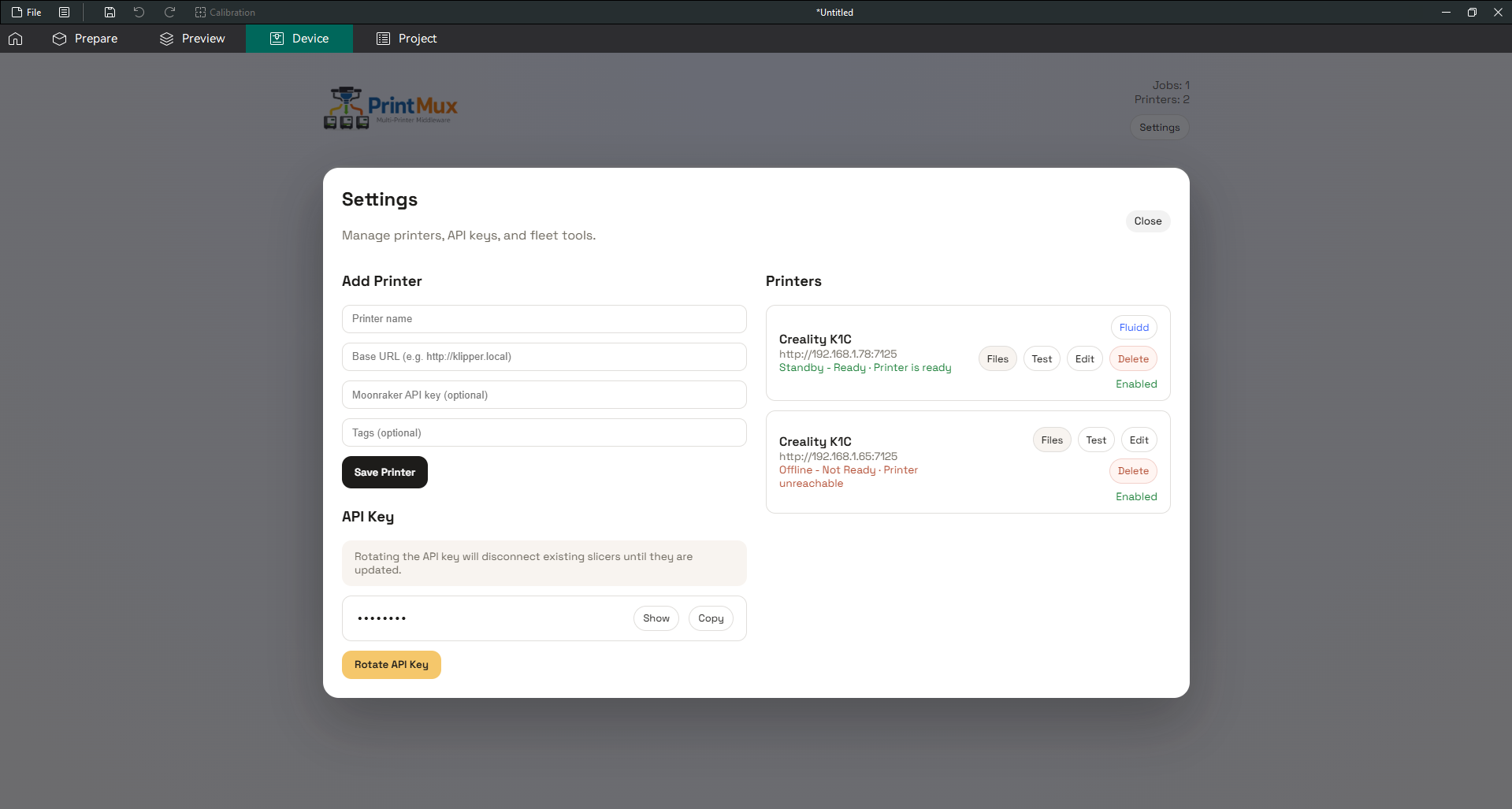 PrintMux settings and API key management
